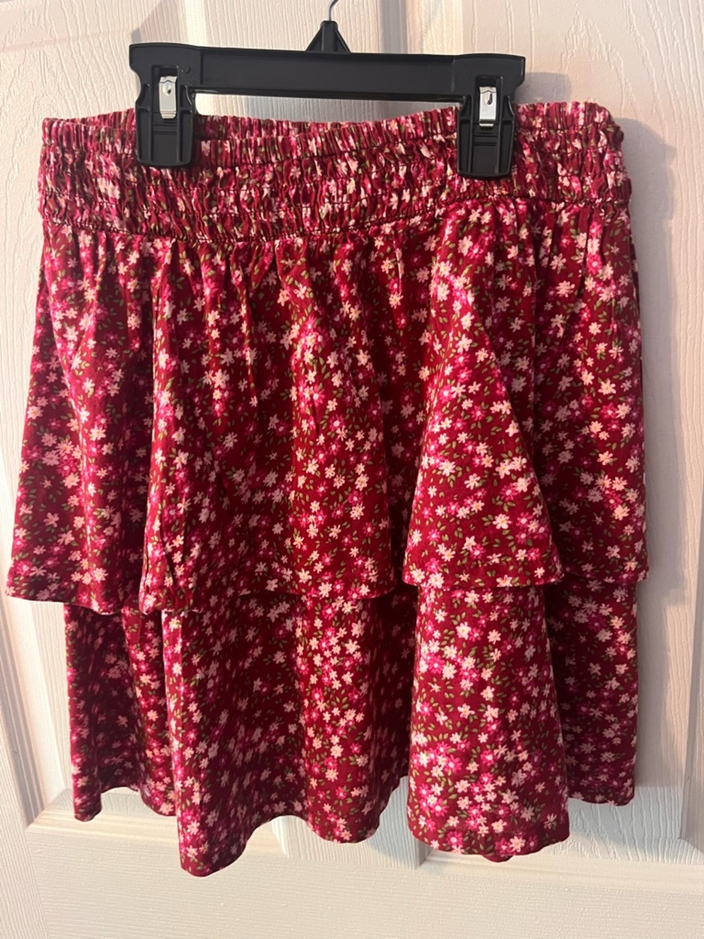 Floral Tiered Mini Skirt in Burgundy Red